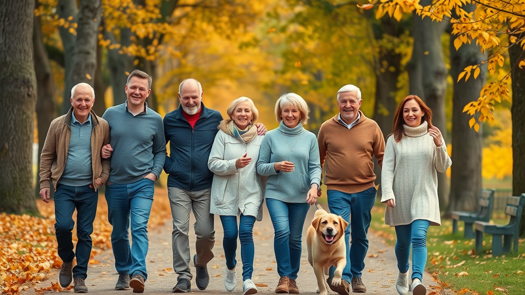 Family finding joy in movement, walking together in an autumn park with golden leaves