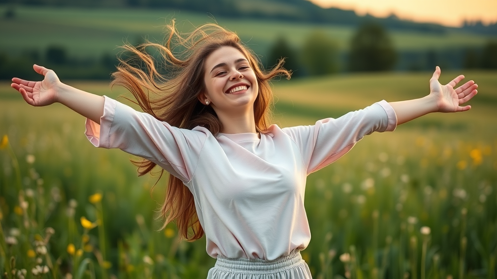 Young woman experiencing joyful movement while stretching in nature, lush meadow and flowers