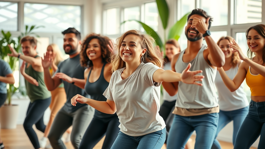 Energetic diverse group practicing joyful movement in a vibrant dance class, sunlit studio, lively motion